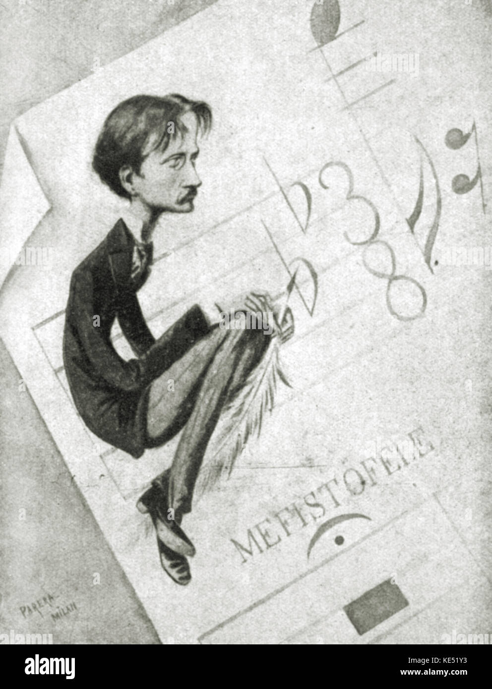Arrigo Boito - caricatura del poeta e compositore operistico all'età 38. 24 Febbraio 1842 - 10 giugno 1918. Seduto e tenendo un tubetto, su un punteggio di Mefistofele. Foto Stock