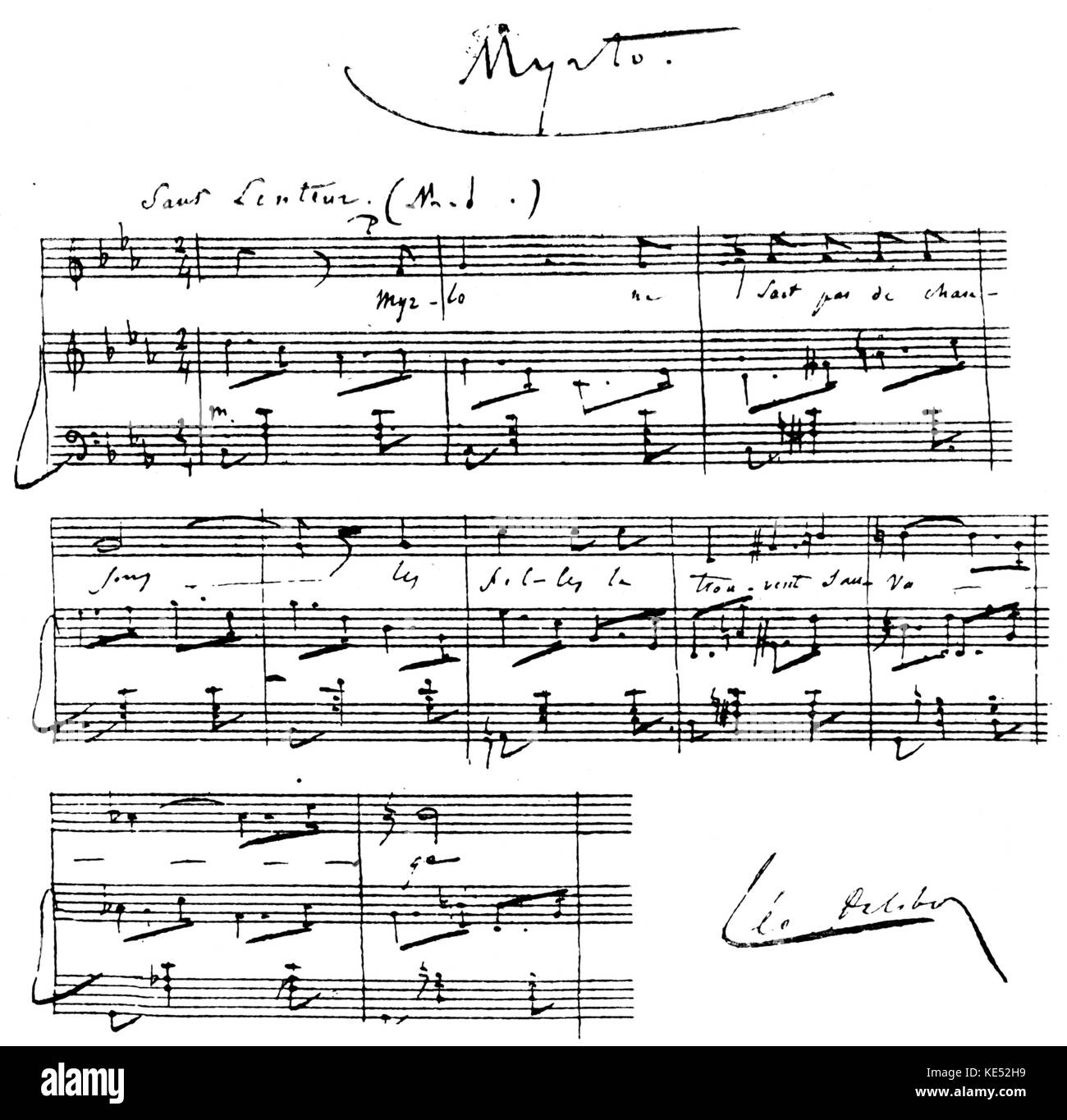 Leo Delibes autografo musicale e la firma alla fine di notazione. Il compositore francese, 21 Febbraio 1836 - 16 Gennaio 1891 Foto Stock