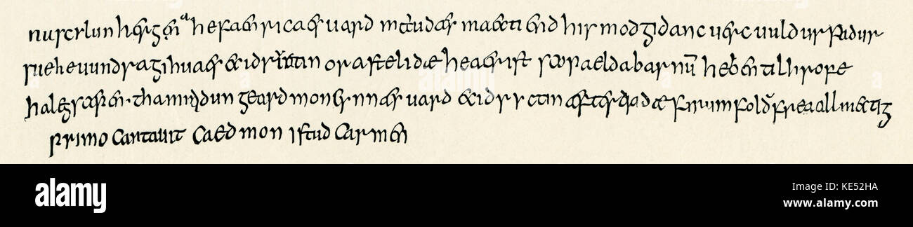 Caedmon inno. Christian lode poesia in onore di Dio che Caedmon, il poeta inglese imparato a cantare nel suo sogno iniziale. Da un ottavo secolo manoscritto della Università di Cambridge. Foto Stock
