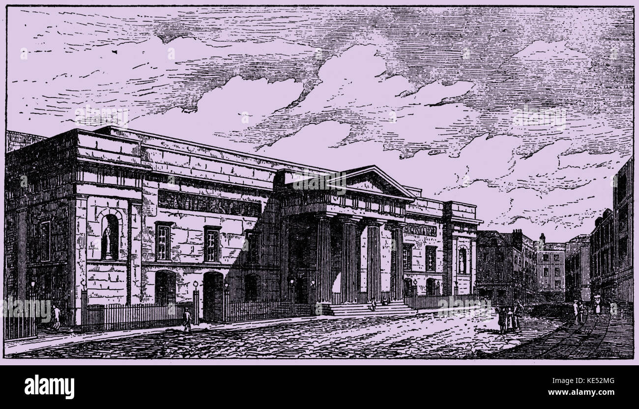 Esterno del nuovo Covent Garden Theatre (teatro Royal) poco dopo che è stato ricostruito nel 1808. Progettato da Robert Smirke, questo è stato il secondo teatro sul sito di quello che ora è il Royal Opera House Covent Garden. Il primo teatro bruciata nel 1808 e la seconda è stato distrutto da un incendio nel 1856. Foto Stock