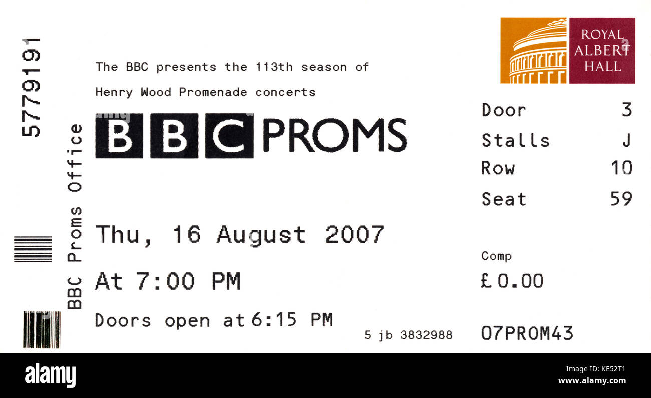 BBC Proms biglietto datato 16 agosto, 2007. 113 ° Stagione al London Royal Albert Hall Foto Stock