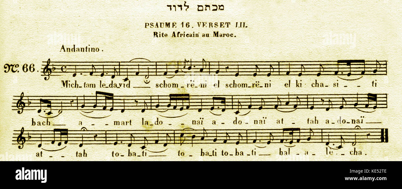 Il Salmo 16, versi I e II in base al Nord Africa ebrei marocchini" dalla tradizione ebraica religiose popolari canzoni pagina titolo/ Recueil des Chants religieux et Populaires des Israelitesdes Temps les plus reculés jusqu'a nos jours. Partizioni transcrites pour pianoforte il nostro Orgue armonica. Da S. Naumbourg, Parigi, fine del XIX secolo.' inno ledavid' Foto Stock