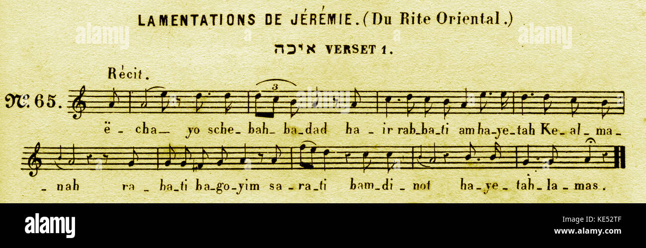 Lamentazioni de Jeremie / Lamentazioni di Jermeiah secondo la oriental / ebrei orientali di tradizione. Da Ebrei religiosi popolari canzoni pagina titolo/ Recueil des Chants religieux et Populaires des Israelitesdes Temps les plus reculés jusqu'a nos jours. Partizioni transcrites pour pianoforte il nostro Orgue armonica. Da S. Naumbourg, Parigi, fine del XIX secolo. 'L'ECHA.". Foto Stock