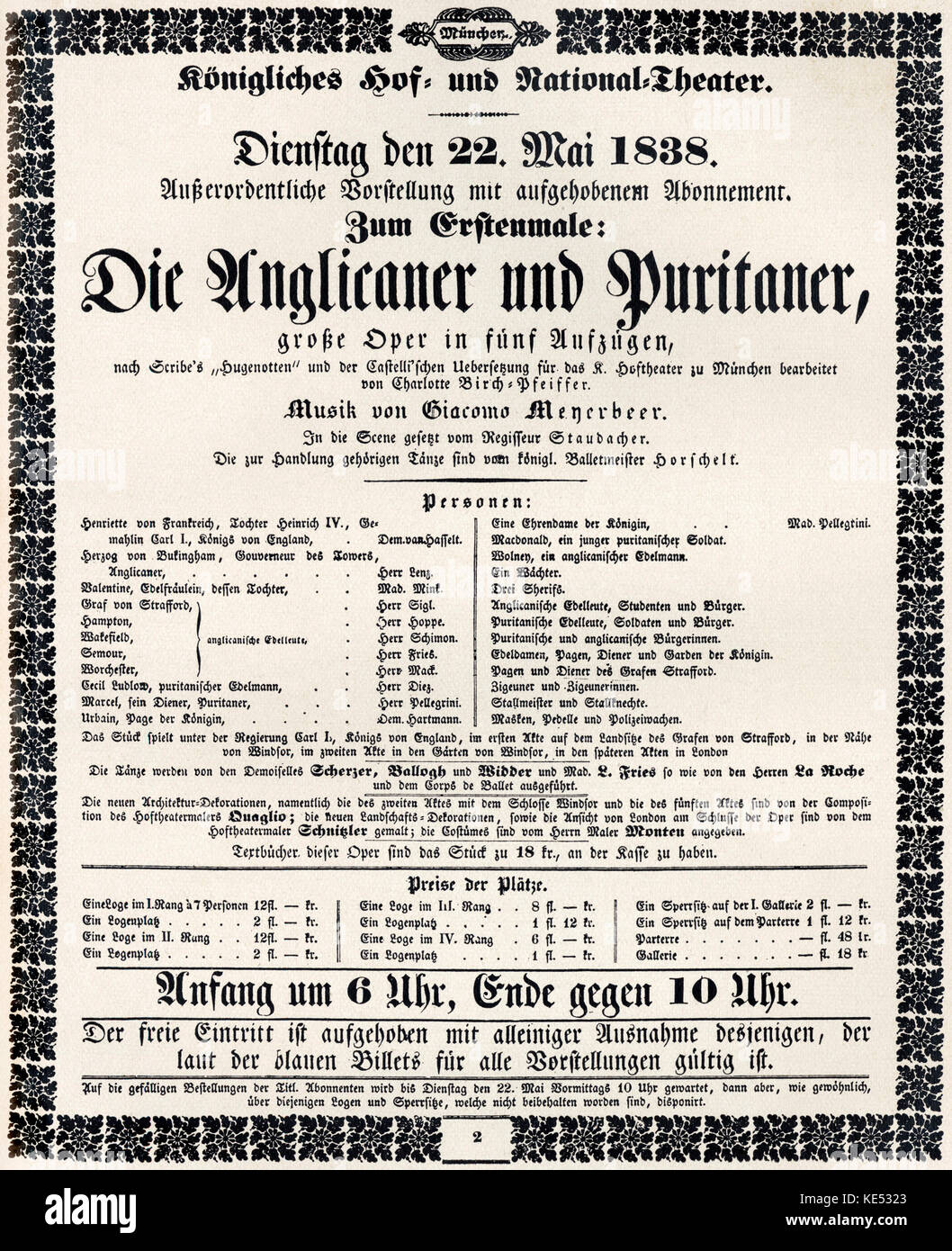 Poster per Giacomo Meyerbeer 's opera 'Anglikaner und Puritaner'. 22 maggio 1838, monaco Opera House, Konigliches Hof und Teatro Nazionale. Il tedesco- Il compositore francese di nome Jakob Liebmann Meyer birra, 5 settembre 1791 - 2 maggio 1864. Foto Stock