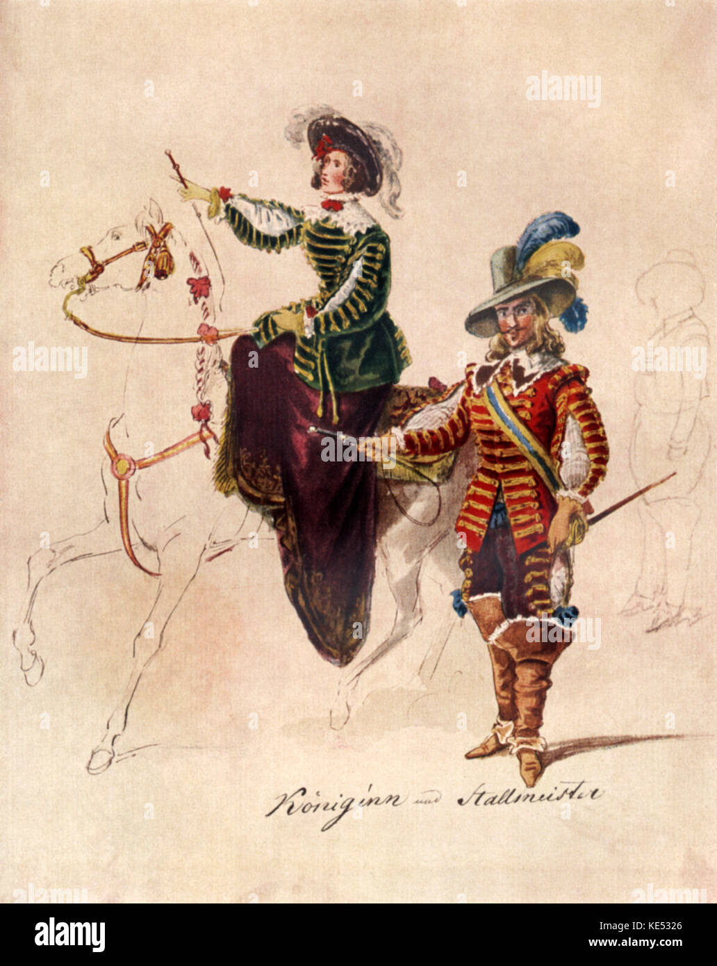 Giacomo Meyerbeer 's opera 'Anglikaner und Puritaner'. Costume Design per Monaco di Baviera produzione lirica. Disegno di costumi per la Regina e Hallmesiters. Il tedesco- Il compositore francese di nome Jakob Liebmann Meyer birra, 5 settembre 1791 - 2 maggio 1864. Foto Stock