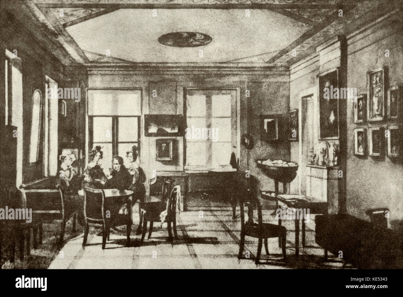 Fréderic Chopin 's salon - nella sua casa a 5 Krakowskie Przedmiescie Street, Varsavia. Acquerello di Antoni Kolberg, 1832. FC: compositore polacco, 1 marzo 1810 - 17 ottobre 1849. Foto Stock