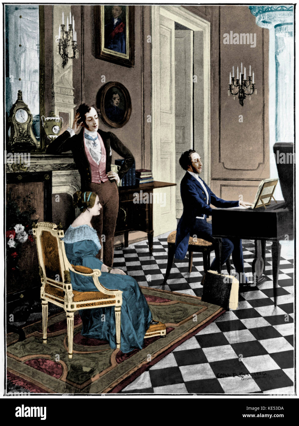 Felix Mendelssohn - ritratto del compositore tedesco giocando al Victoria & Albert. 3 febbraio 1809 - 4 novembre 1847. Illustrazione originale da Carl Rohling (1849-1922), datata 1900. Versione Colorised Foto Stock