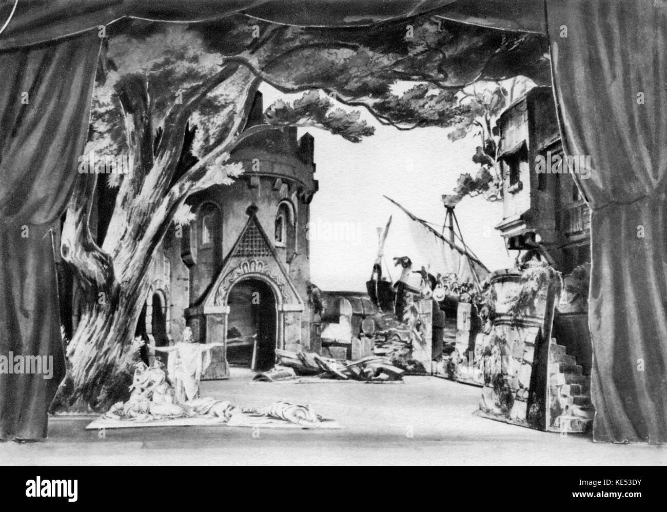 Richard Wagner 's Tristan und Isolde. Set design by Angelo Quaglio per la premiere mondiale dell'opera al Münich Opera. RW: compositore tedesco & autore, 22 maggio 1813 - 13 febbraio 1883. AQ: architetto e designer Italiano, 1784-1815. Foto Stock