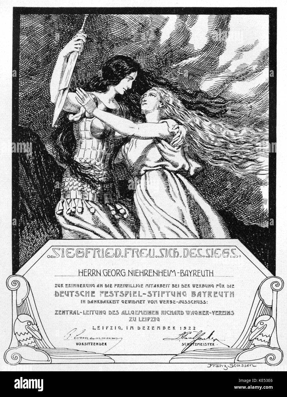 Richard Wagner 'l'anello del Nibelungen' (Der Ring des Nibelungen). 'Siegfried gioisce per la vittoria. Illustrazione di Franz Staffen. RW: compositore tedesco & autore, 22 maggio 1813 - 13 febbraio 1883. Foto Stock