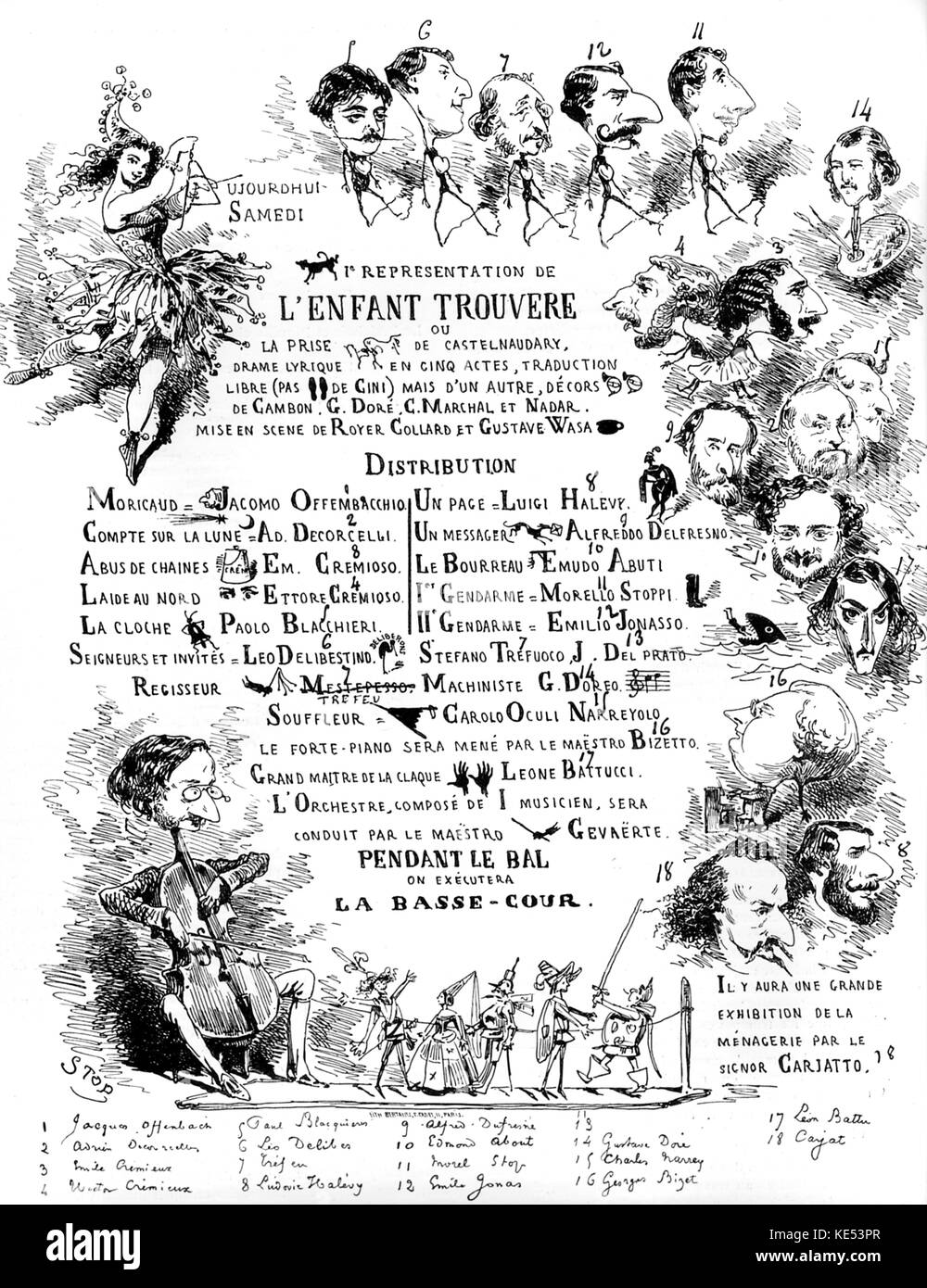 Poster per falsificare le prestazioni dei Verdi di Offenbach. 'L'Enfant Trouvere' basato su Il Trovatore . I nomi sono stati Italiansed per leggere 'Jacomo Offembacchio' e 'Luigi Halevy' (Ludovic), e include il 'Grand Maitre de la Claque', ' orchestra composta da un musicista…". Le prestazioni di sabato nella primavera del 1857 da Offenbach nel suo appartamento in Rue Laffitte, Parigi. Tedesco/compositore francese, 20 Giugno 1819 - 5 ottobre 1880. Foto Stock