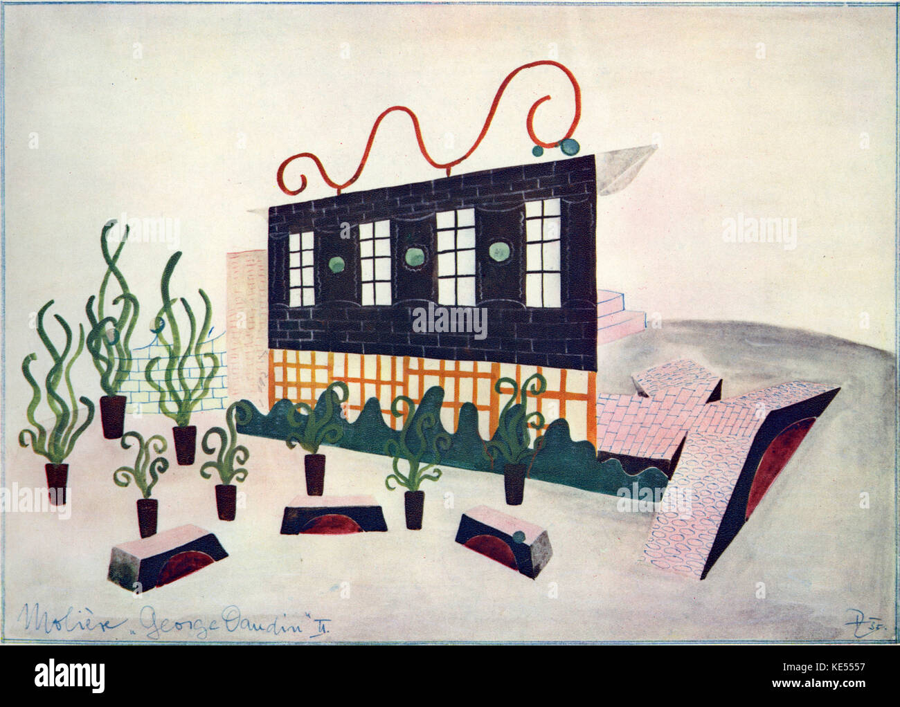 Set design per Moliere 's Georges Dandin. Design per Dandin 's country house da Frantisek Zelenka, architetto Ceco, graphic designer e scenografo, 8 giugno 1904 - 19 ottobre 1944. Prodotto da Vojta Novak presso il teatro Stavovske, Praga, 1935. Moliere: francese drammaturgo e attore, Gennaio 1622 - 17 febbraio 1673. Foto Stock