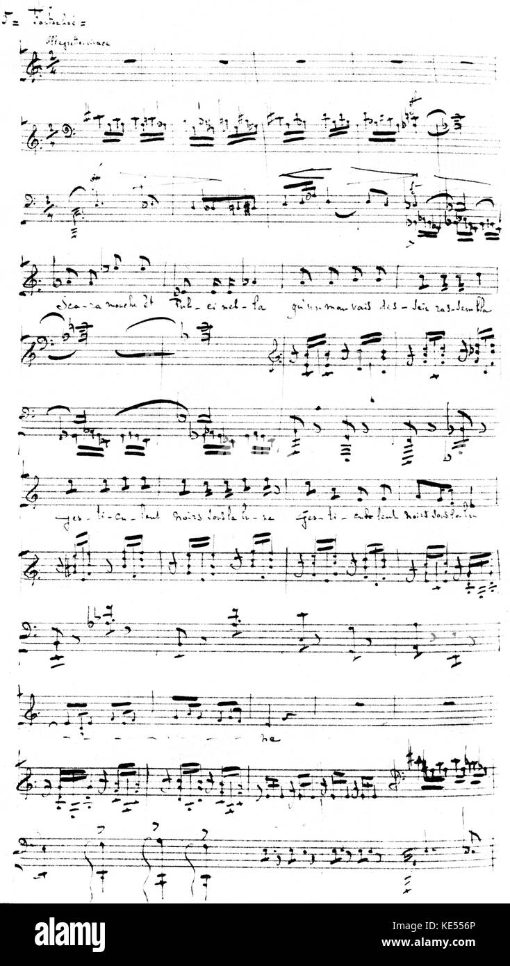 Claude Debussy 's 'Fantoche' dal ciclo della canzone 'Les fêtes galantes (Gallant festività), basato su una poesia di Paul Verlaine. Scritto a mano partitura manoscritta, pubblicato nel 1903. Il compositore francese, 22 agosto 1862 - 25 Marzo 1918. Foto Stock