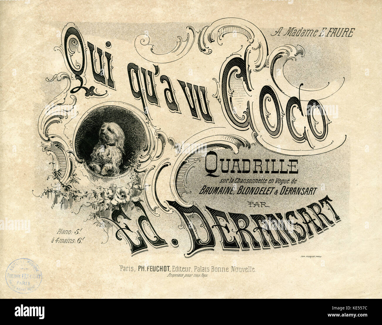 Qui qu'un vue Coco, punteggio coperchio - quadrille sur la Chansonenette en vogue de parole da Baumaine, Blondlet & musica composta da Deransart da Deransart. Pubblicato a Parigi, Feuchot. Canzone di Coco Chanel, come risultato ha preso il nome di Coco. Coco Chanel (originariamente chiamato Gabrielle Chasnel) : Francese designer di moda, 19 agosto 1883 - 10 gennaio 1971. Foto Stock