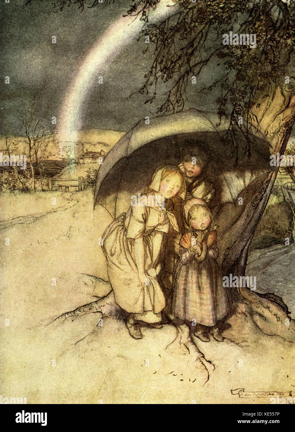 Pioggia, pioggia, andare in Spagna - filastrocca. Illustrazione di Arthur Rackham. English Prenota illustrator 19 Settembre 1867 - 6 settembre 1939. Foto Stock