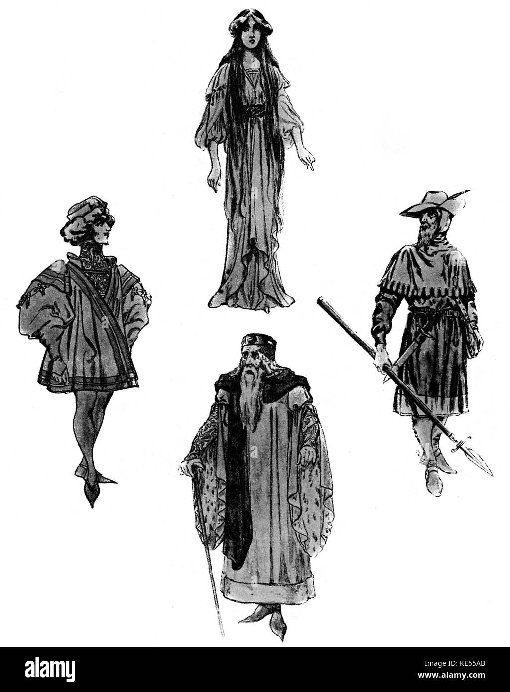 I costumi di Debussy 's opera 'Pelléas e Mélisande', progettato da Bianchini. Caratteri visualizzati in senso orario: Mélisande, Golaud, Arkel e Pelléas. CD:1853-1929. Il compositore francese, 22 agosto 1862 - 25 Marzo 1918. Foto Stock