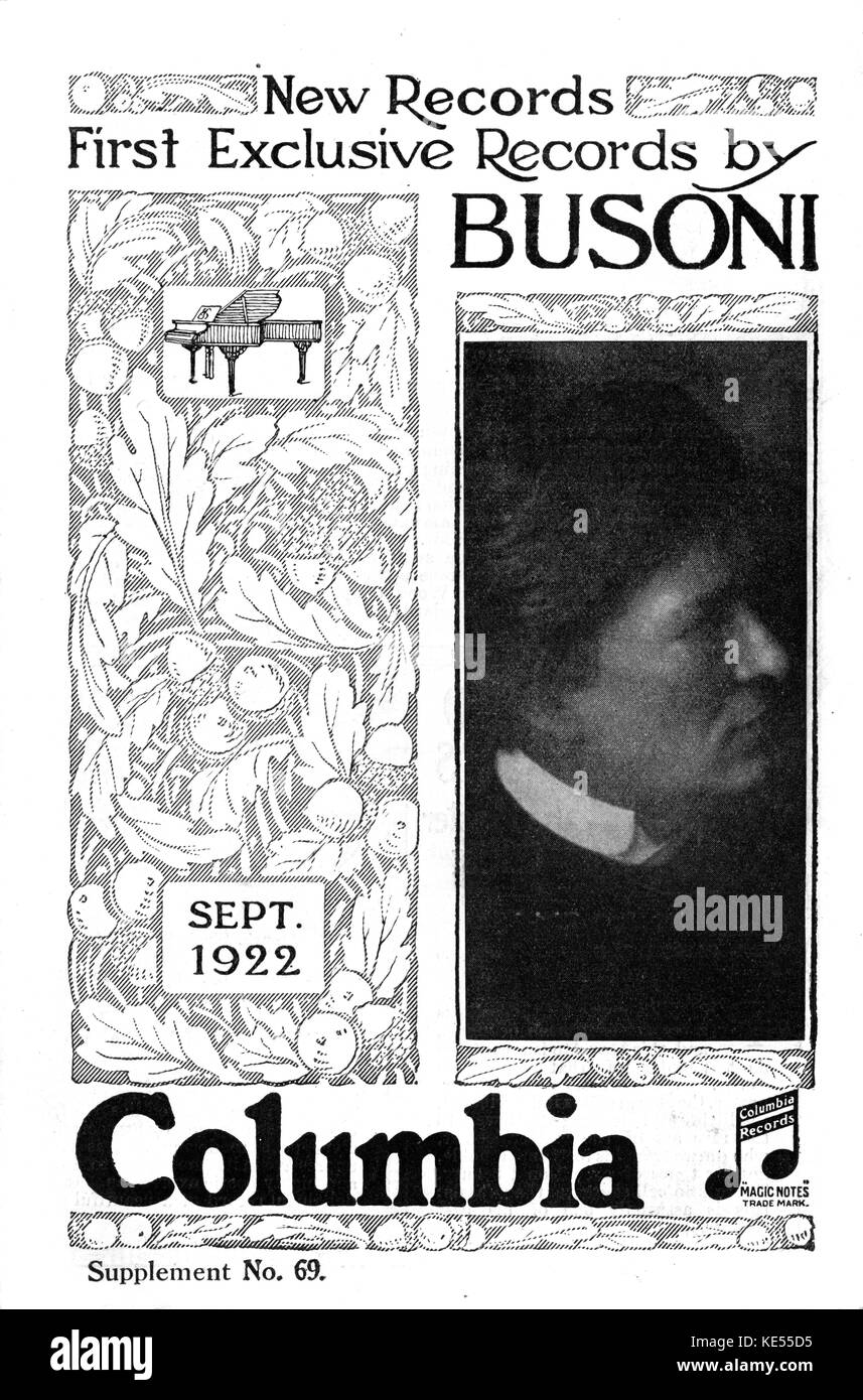 Busconi Ferruccio annuncio pubblicitario per la nuova Columbia record di rilascio (materiale promozionale Settembre 1922) italo-pianista e compositore, 1 Aprile 1866 - 27 Luglio 1924 Foto Stock