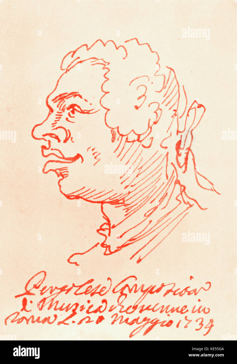 Giovanni Battista Pergolesi - caricatura del compositore italiano, violinista e organista dall artista italiano Pier Leone Ghezzi. GP: 4 gennaio 1710 - 16 Marzo 1736. PG: 1674 - 1755. Versione Colorised. Foto Stock