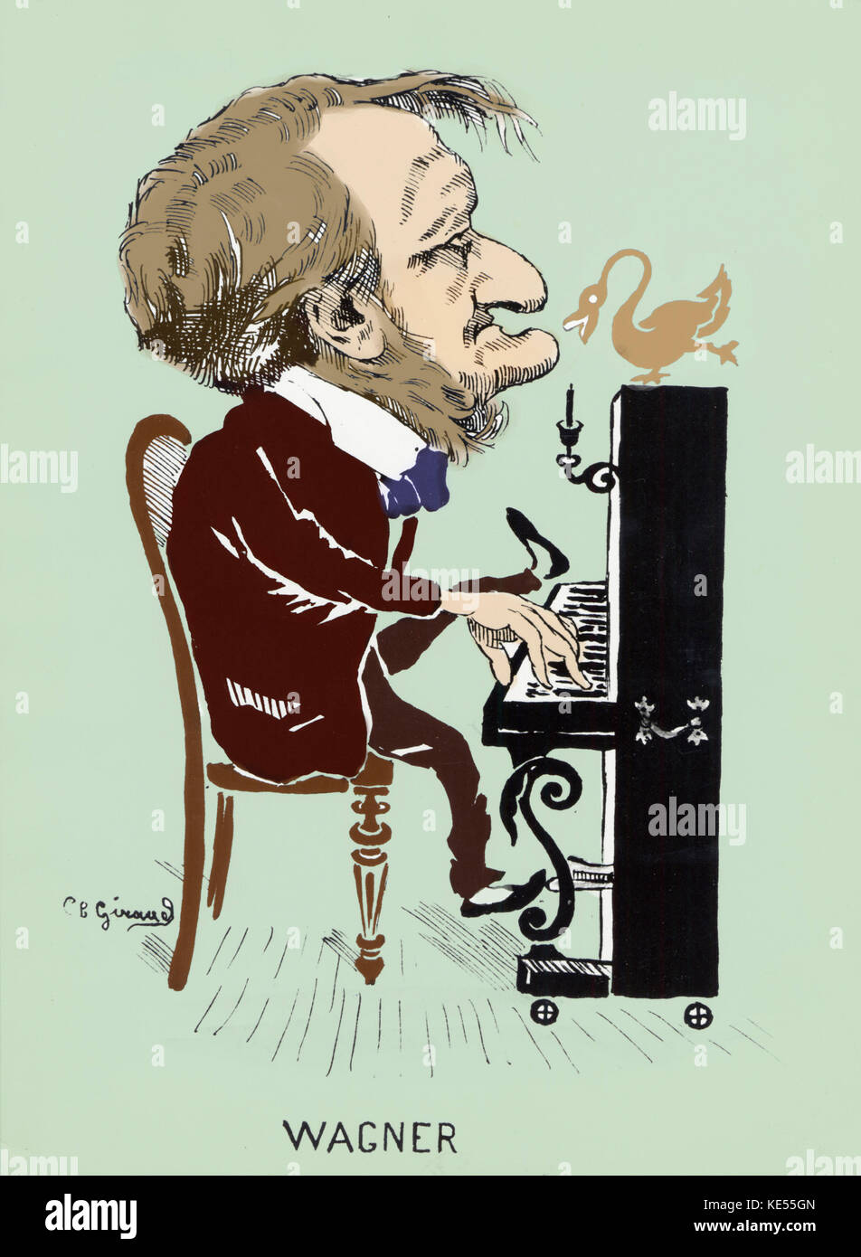 Richard Wagner improvvisare sul pianoforte con un cigno ballando sul pianoforte in tempo - Lohengrin connessione. Compositore tedesco & autore, 22 maggio 1813 - 13 febbraio 1883. Versione Colorised. Foto Stock