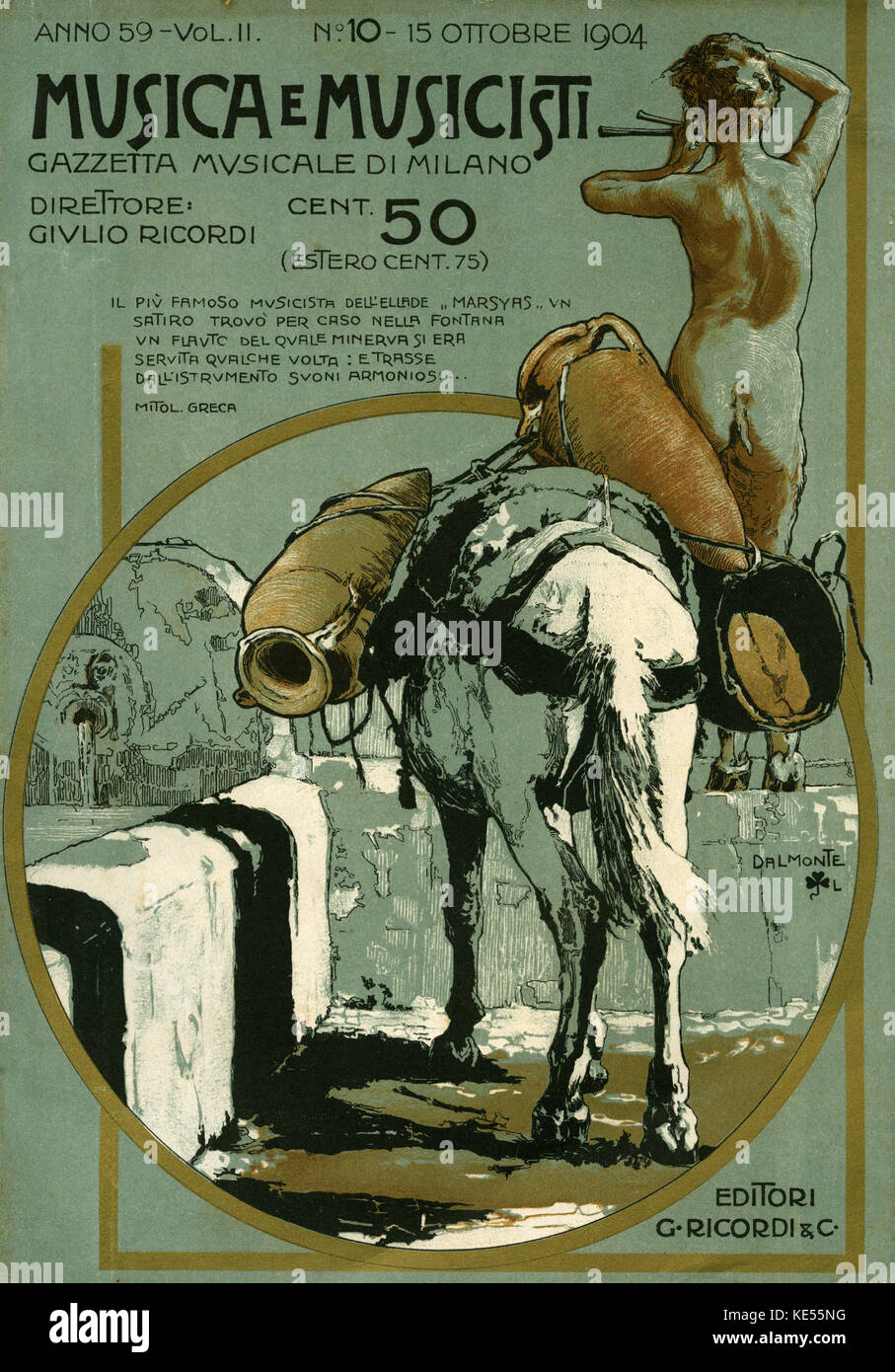 Il satiro Marsia giocando la aulos o doppio flauto. Coperchio della musica italiana rivista, ' Musica e musicisti ' , la Gazzetta musicale di Milano, 1904. In stile art nouveau. Foto Stock