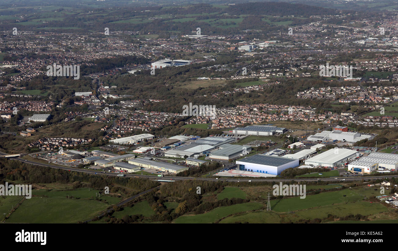 Vista aerea della strada romana Industrial Estate & Centurion Park, Blackburn Lancashire, Regno Unito Foto Stock