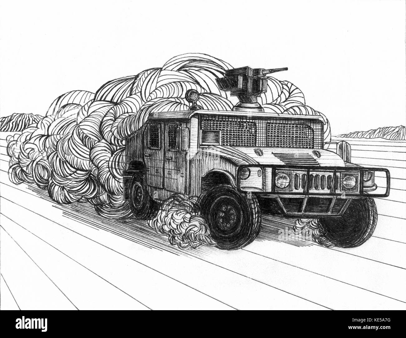Disegno a inchiostro di un Humvee la guida su un percorso polveroso. Foto Stock