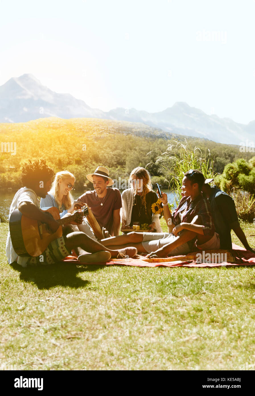 Giovani amici che si esibono, suonano la chitarra e si gustano un picnic in un'erba soleggiata estiva Foto Stock