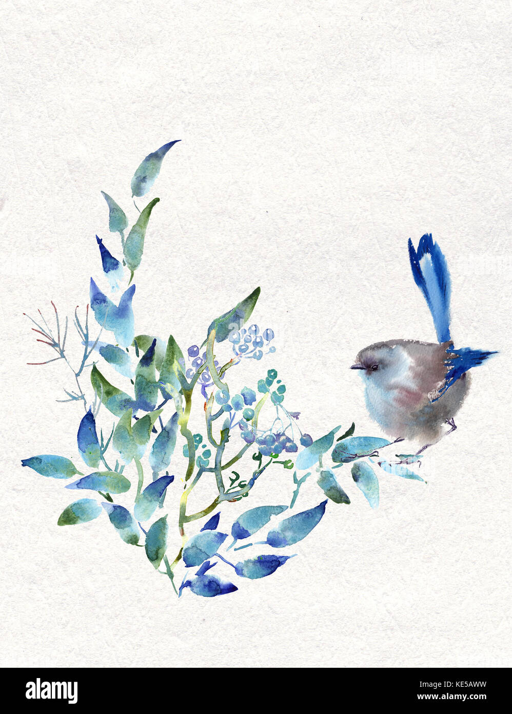 Disegno a mano acquerelli di foglie di autunno e di ornamento di uccelli Foto Stock