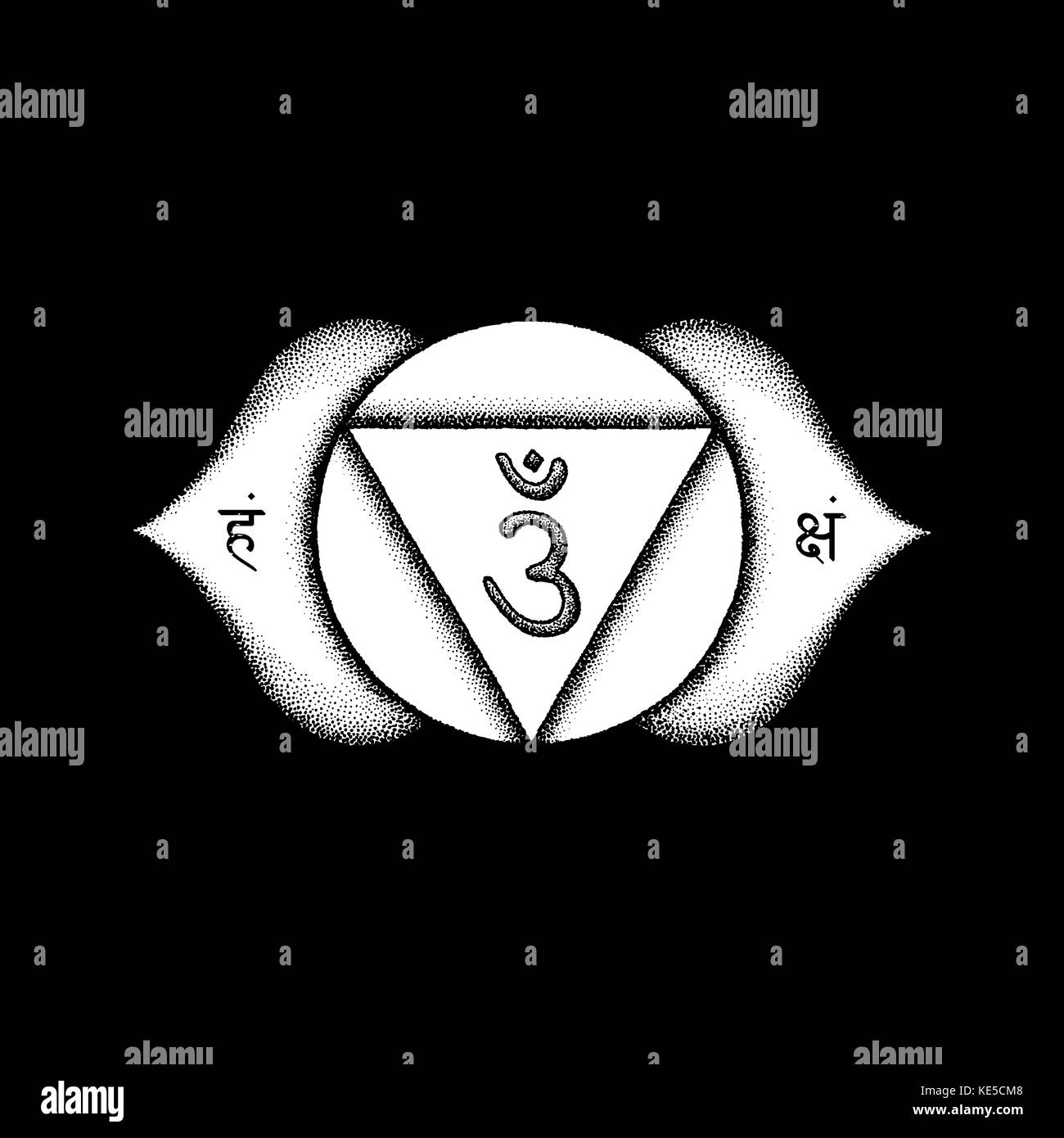 Vettore terzo occhio ajna sesto chakra sementi sanscrito mantra Om induismo sillabe su petali di loto. dot lavoro stile tatuaggio disegnato a mano bianca symbo monocromatica Illustrazione Vettoriale