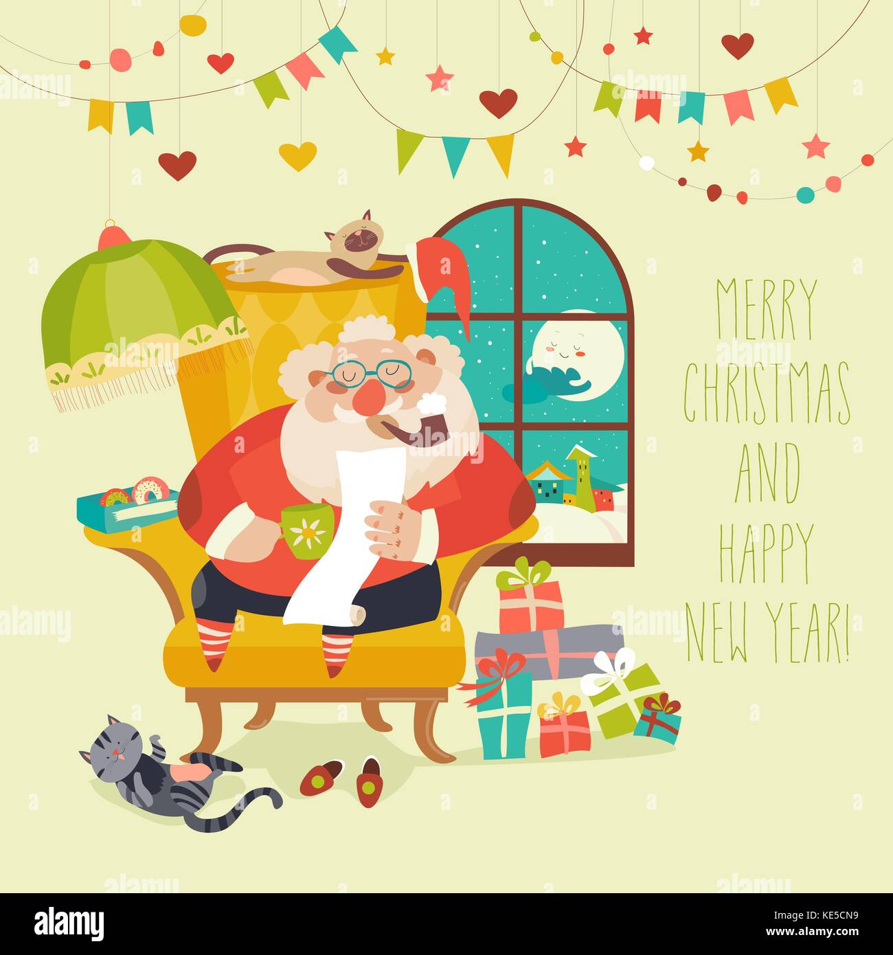 Babbo Natale seduto in poltrona e lettura la lettera Immagine ...