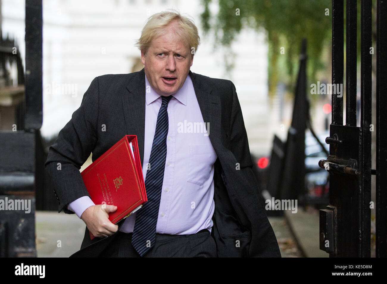 Londra, Regno Unito. 17 ottobre, 2017. Boris johnson mp, segretario di Stato per gli affari esteri e del commonwealth, arriva al 10 di Downing Street per la prima Foto Stock