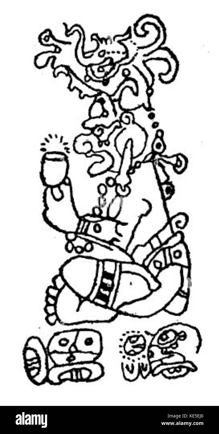 Un'illustrazione di un geroglifico Maya, che fornisce informazioni sul complesso sistema di scrittura utilizzato dall'antica civiltà Maya. Questi simboli erano parte integrante della comunicazione e della tenuta dei registri storici dei Maya. Foto Stock