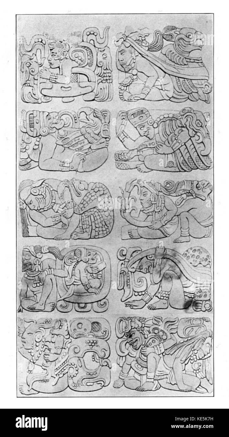 Una rappresentazione dei geroglifici Maya della piastra 14, che mostra l'intricato sistema di scrittura dell'antica civiltà Maya. L'immagine offre una panoramica delle loro pratiche linguistiche e culturali avanzate. Foto Stock