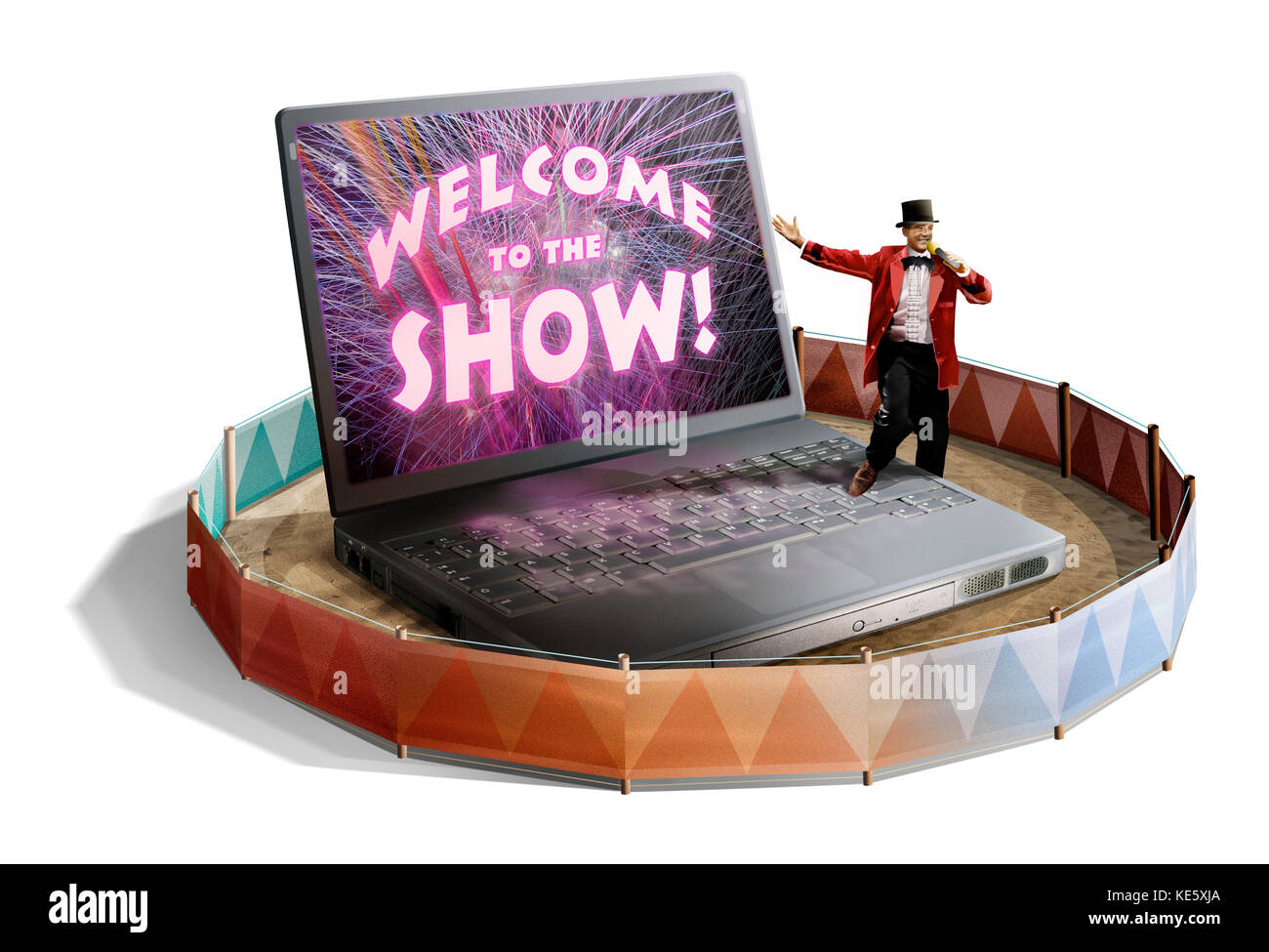 Host maschio accanto al laptop con benvenuto mostra sullo schermo nel circus Foto Stock