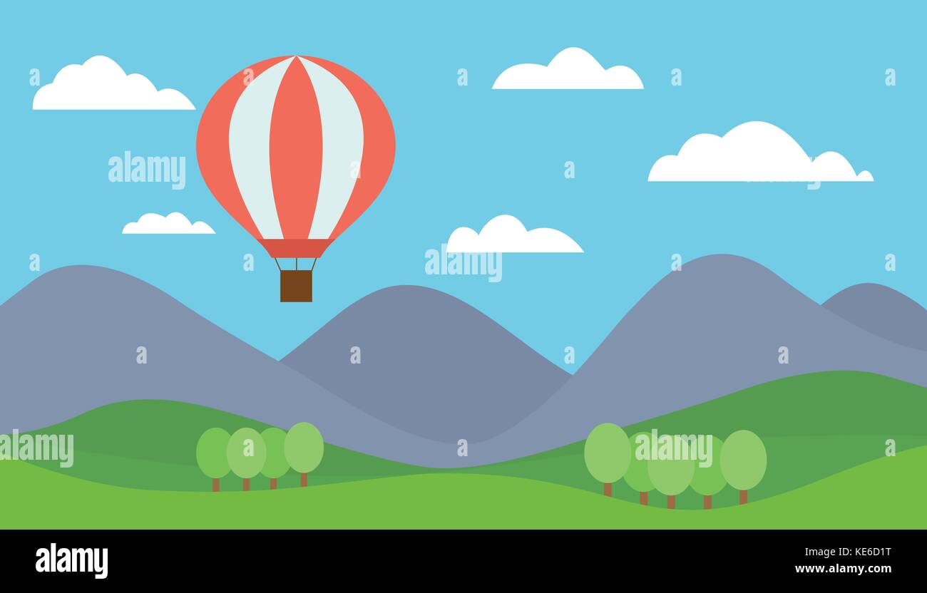 Vista cartoon paesaggio di montagna con un rosso Mongolfiera Volare in colline con alberi sotto un cielo blu con nuvole - vettore Illustrazione Vettoriale