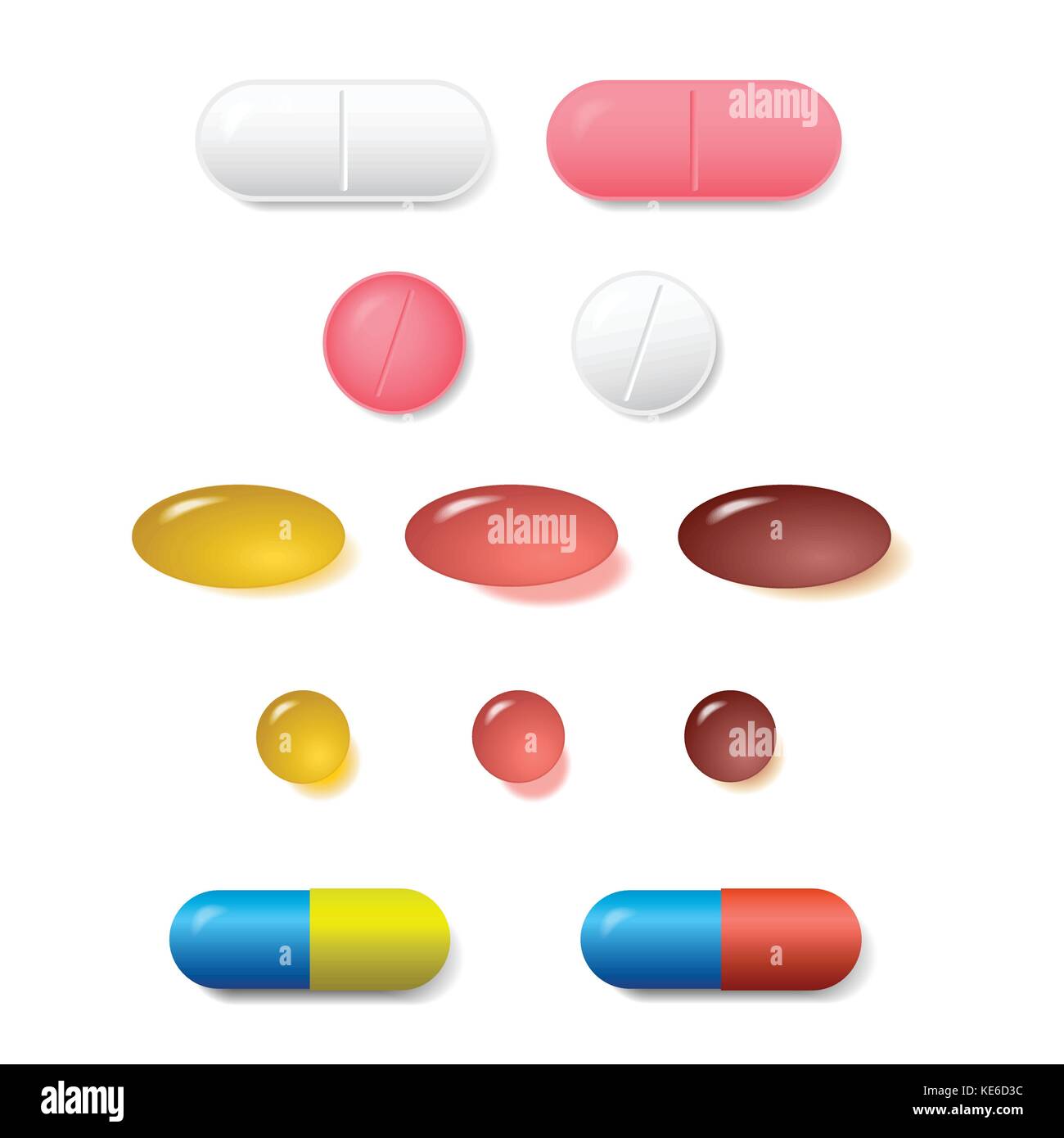 Set di vettore di varie pillole e pastiglie di colori differenti isolati su sfondo bianco Illustrazione Vettoriale