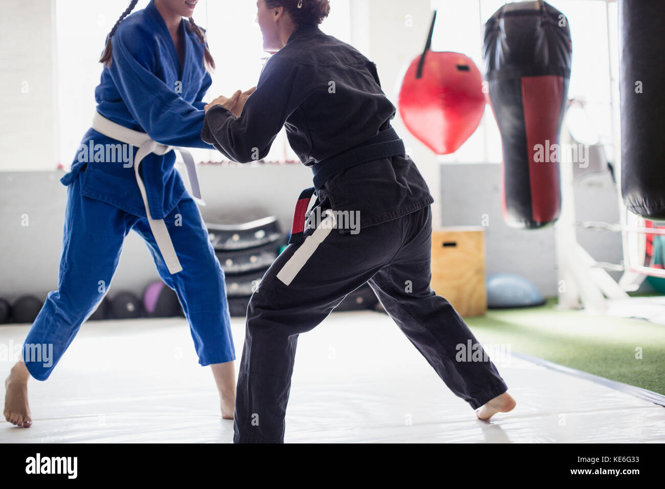Donne che praticano il judo in palestra Foto Stock