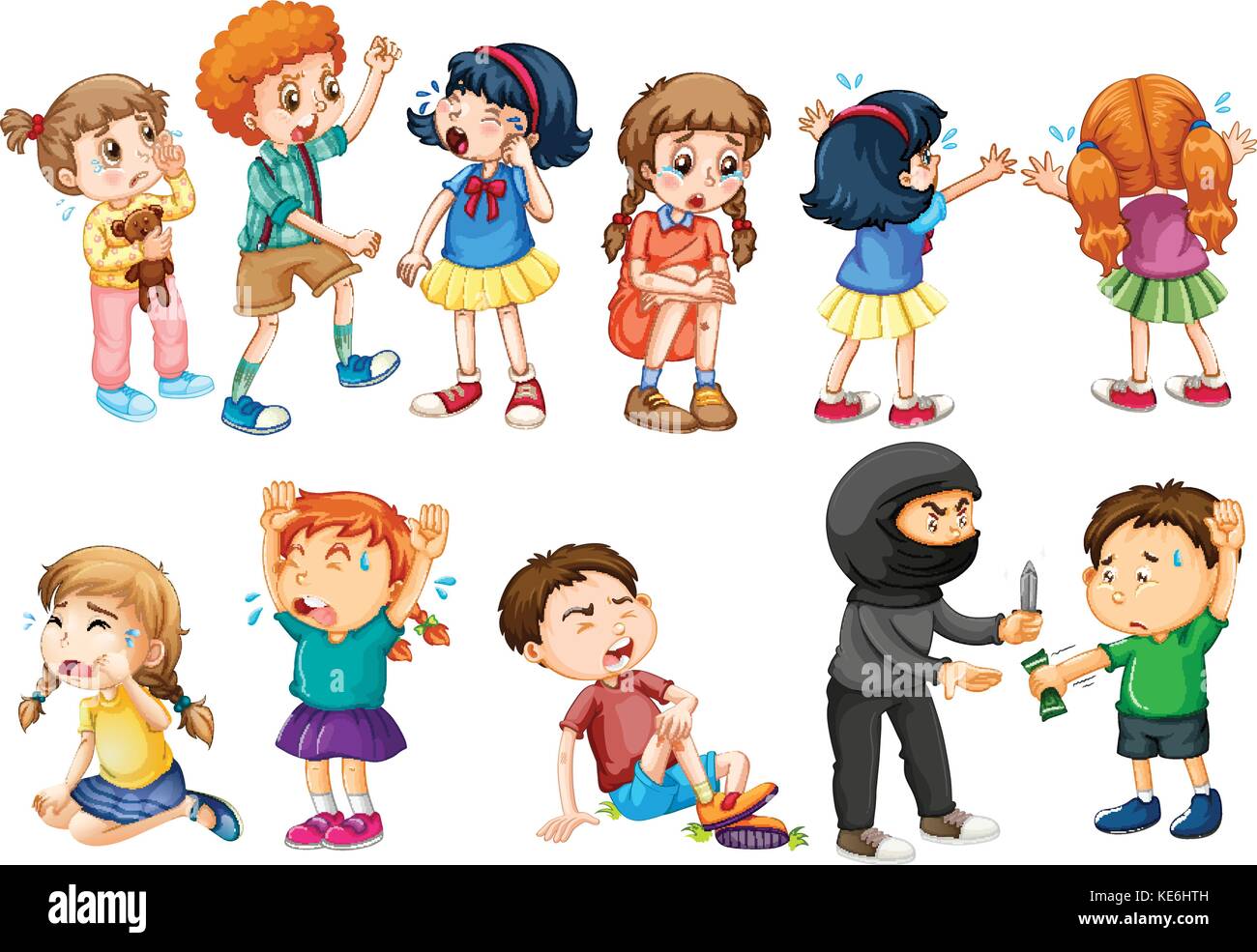 I bambini in diverse scene del crimine illustrazione Illustrazione Vettoriale