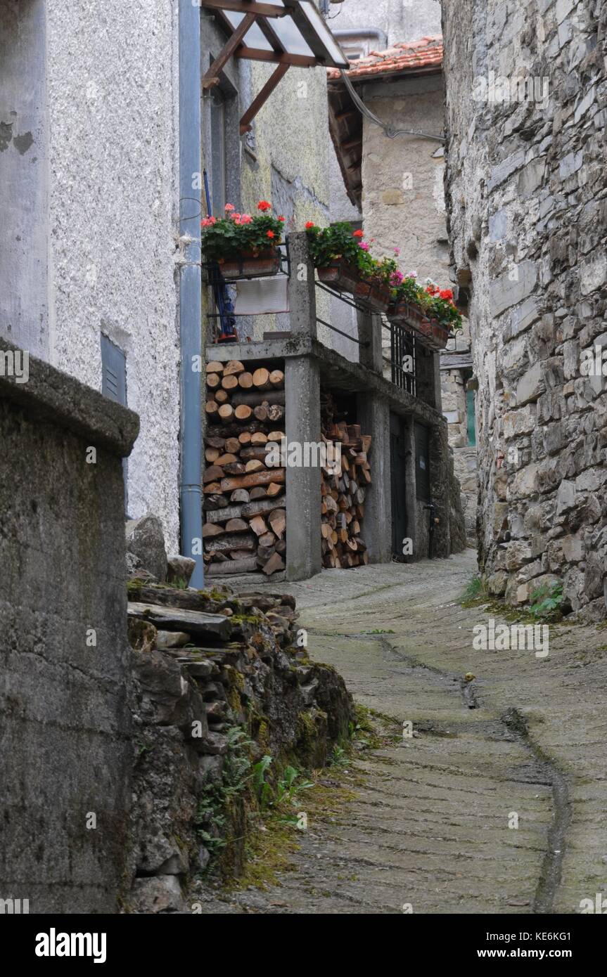 Un avvolgimento strada stretta nel villaggio di Carrega Ligure, Piemonte, Italia Foto Stock