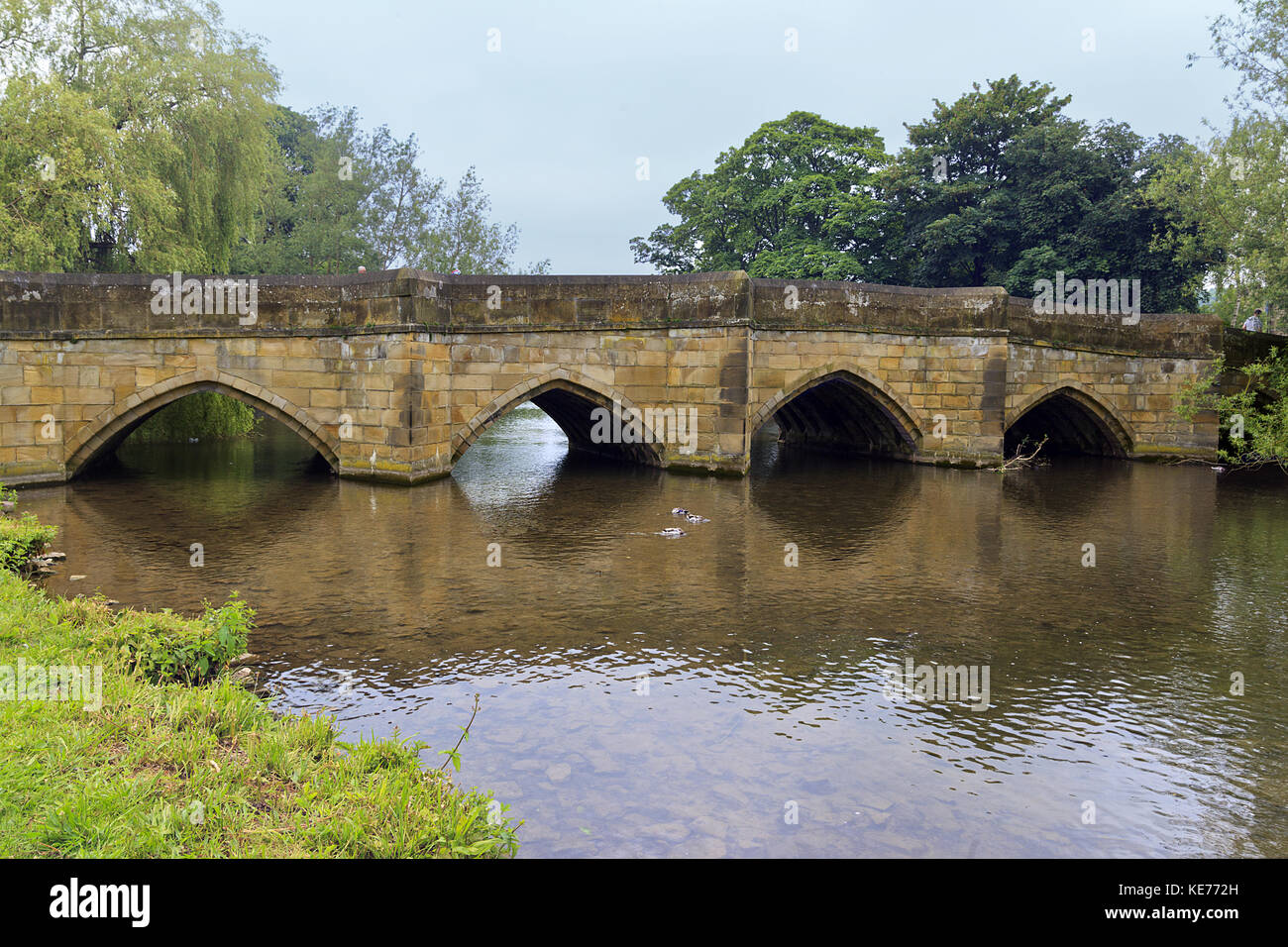 Il XIII secolo il ponte medievale sul fiume Wye in Bakewell Derbyshire Foto Stock