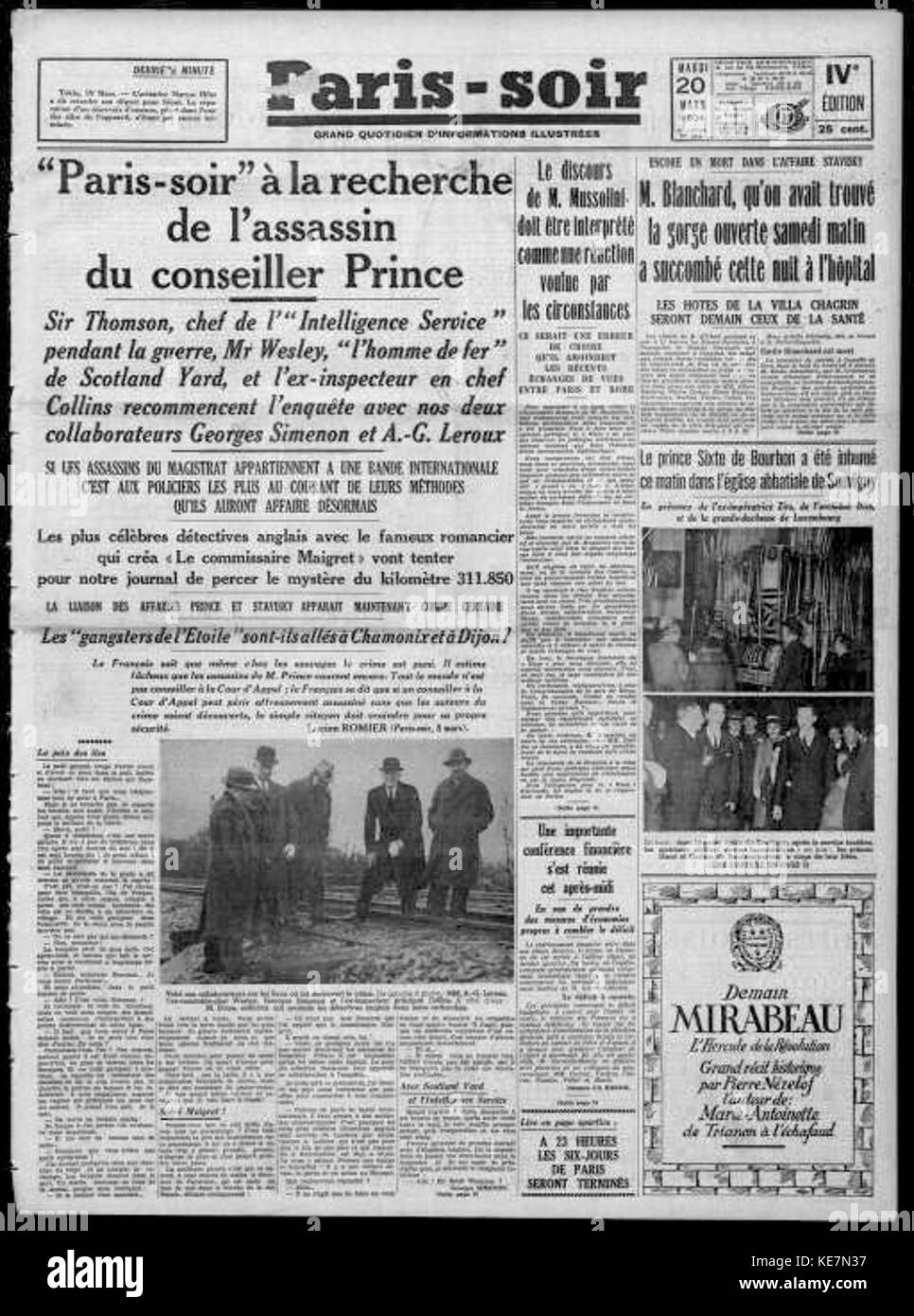 Simenon affaire Prince Paris Soir 20 mars 1934 Foto Stock