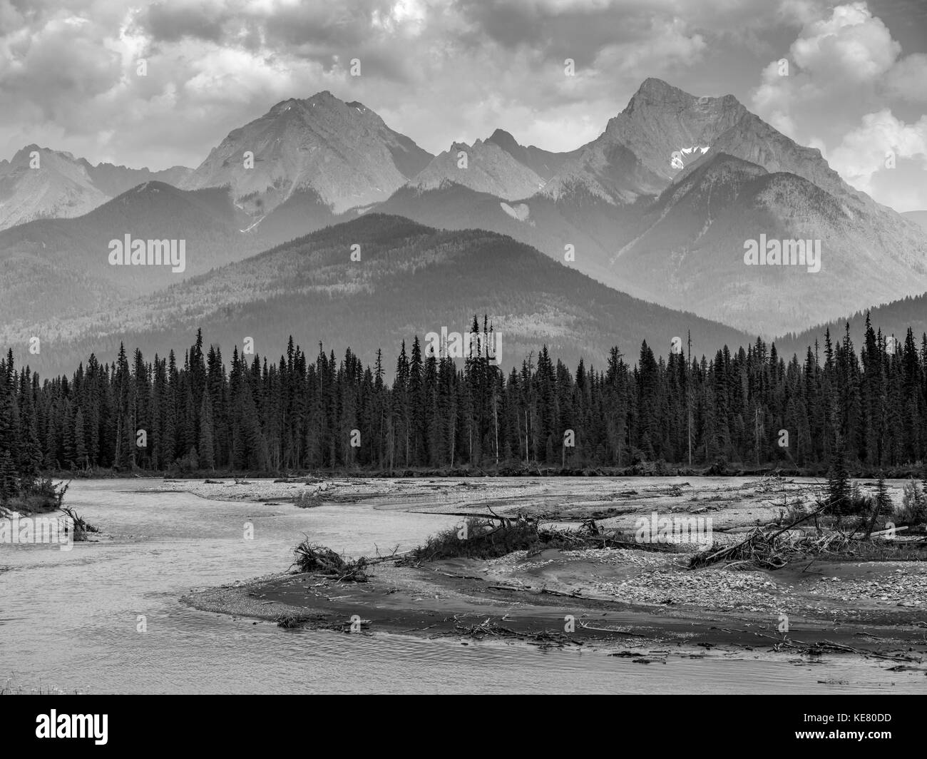 Il nero e il bianco paesaggio del robusto Canadian Rocky Mountains con una foresta e un fiume che scorre in primo piano Foto Stock