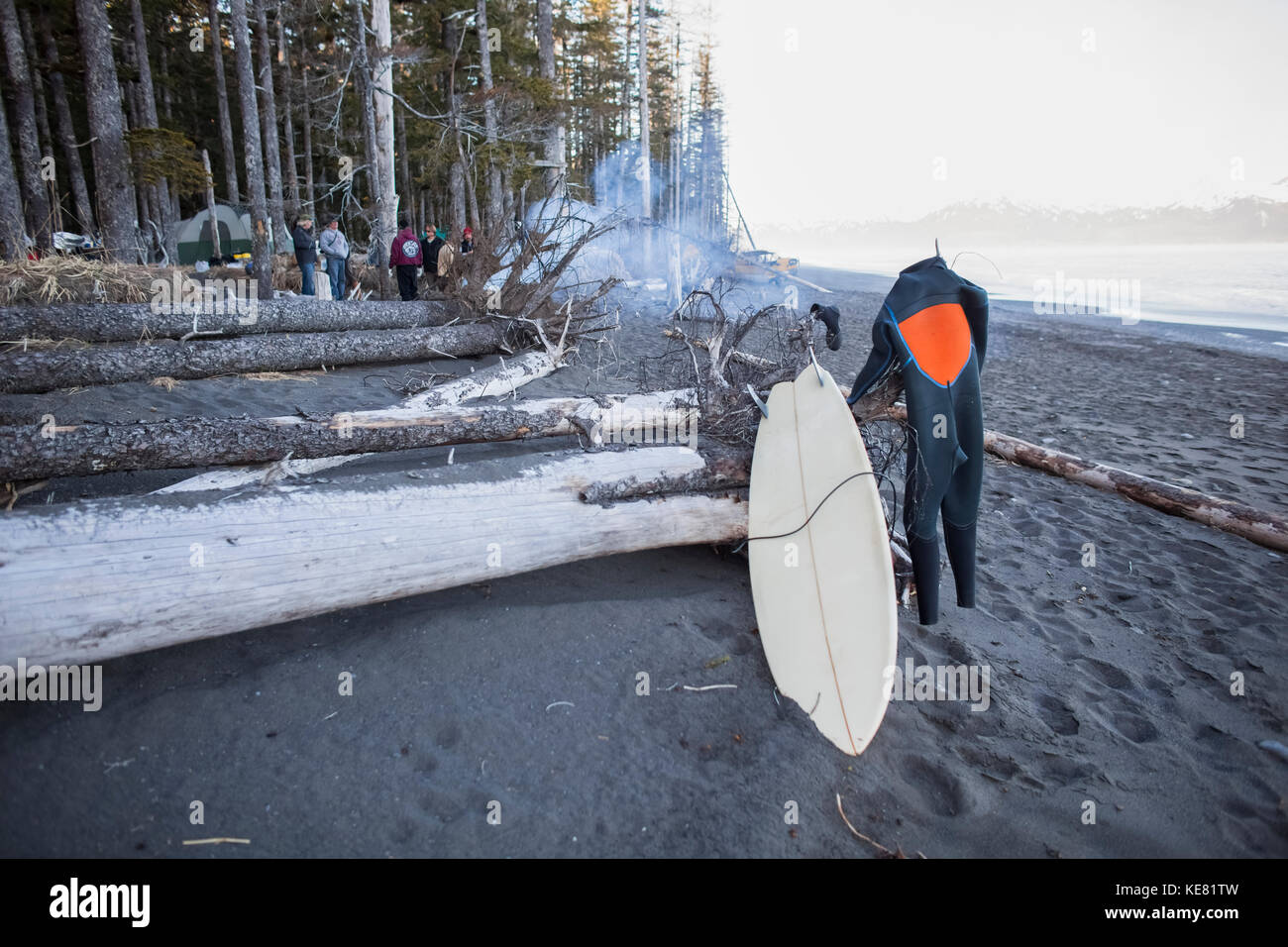 Surfisti con ingranaggio tramite un accampamento durante un Surf Trip vicino al Golfo di Alaska, centromeridionale Alaska, STATI UNITI D'AMERICA Foto Stock