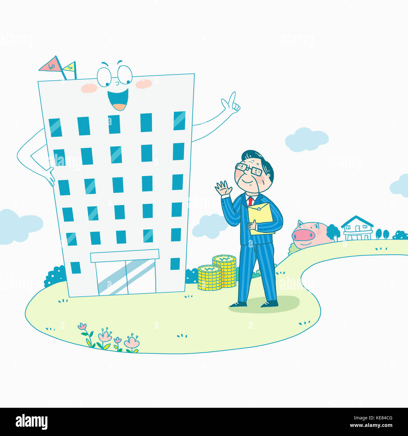 Illust di sorridere senior pensionati uomo sventolando in corrispondenza di un edificio Foto Stock