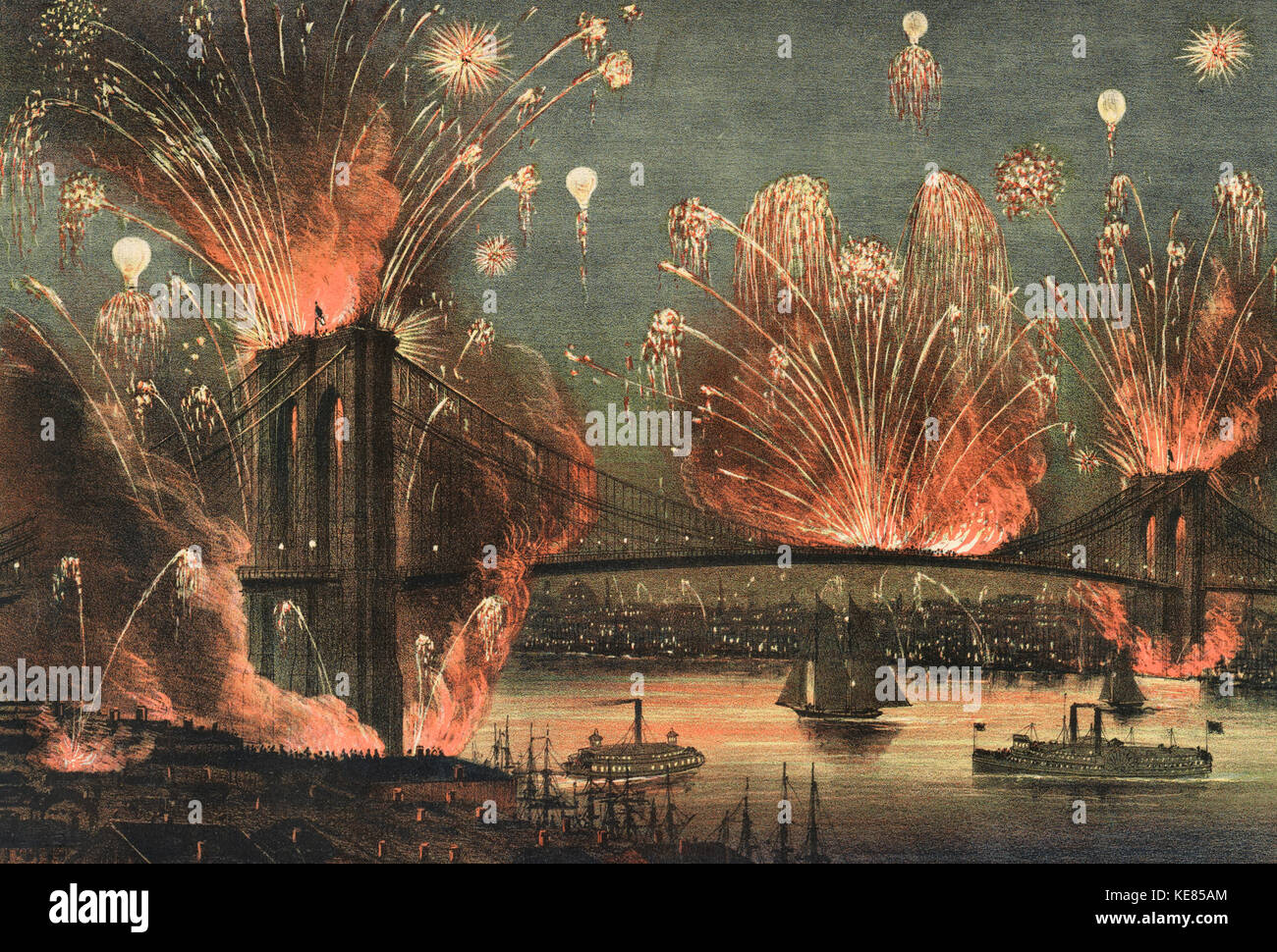 Il grande display di fuochi d'artificio e illuminazioni: all'apertura del grande ponte di sospensione tra New York e Brooklyn la sera del 24 maggio 1883 Foto Stock