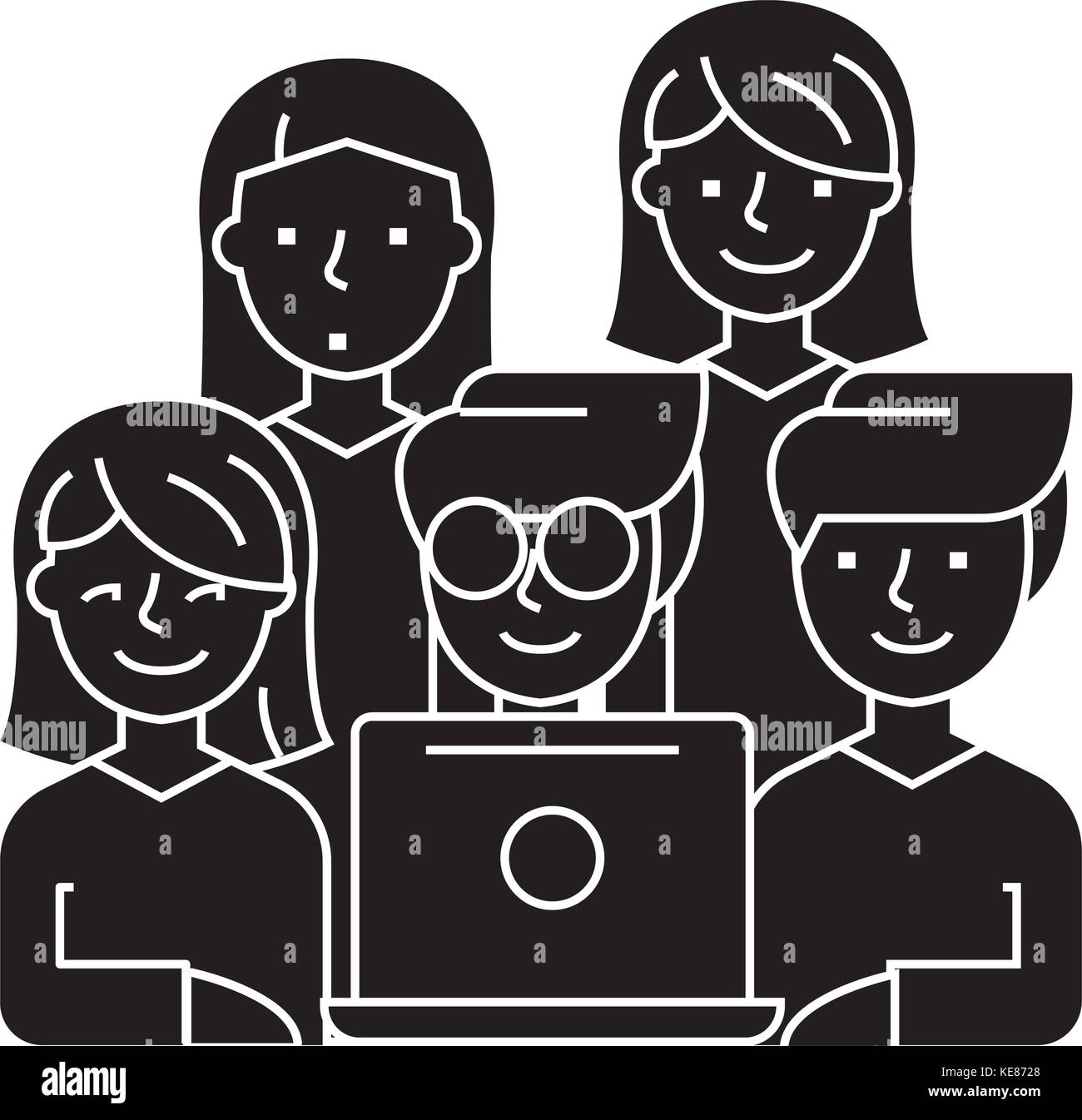 Amici guardando notebook - 5 persone icona, illustrazione vettoriale, segno nero su sfondo isolato Illustrazione Vettoriale