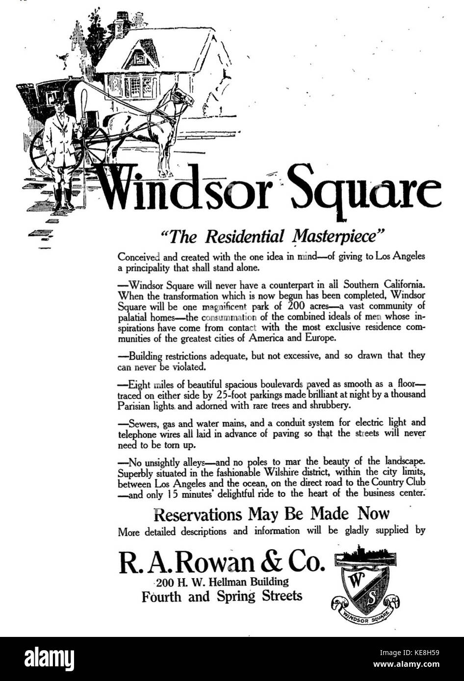 Una pubblicità per Windsor Square dal Los Angeles Times, pubblicata nel 1911. L'annuncio mette in evidenza le caratteristiche dell'area residenziale, tra cui la posizione, le case e i servizi della comunità, offrendo uno sguardo sullo sviluppo urbano di Los Angeles all'inizio del XX secolo. Foto Stock