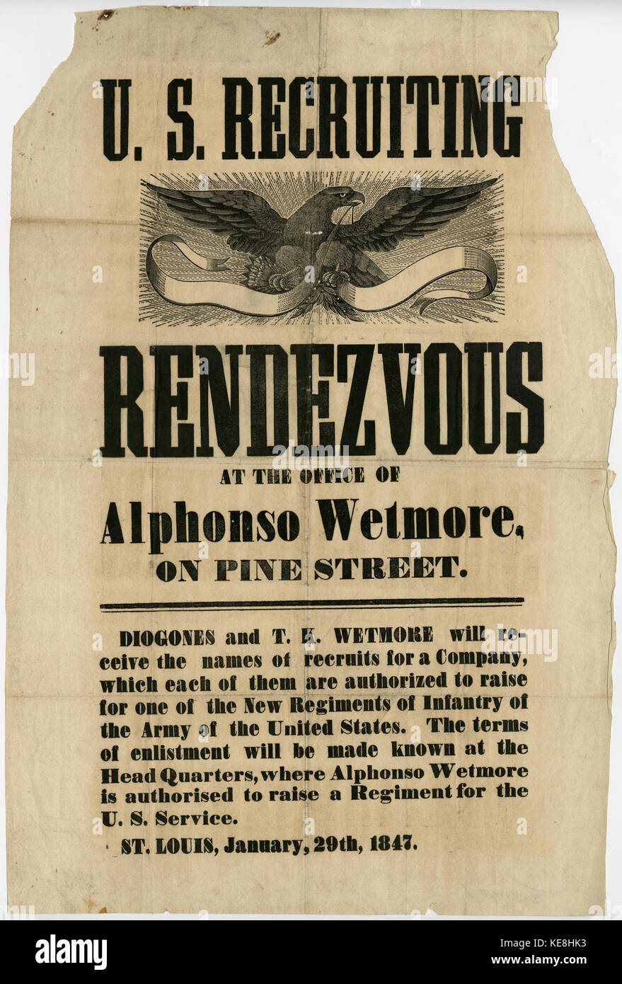 Stati Uniti il reclutamento di poster, RENDEZVOUS presso l' Ufficio di Alphonso Wetmore su Pine Street, 29 Gennaio 1847 Foto Stock