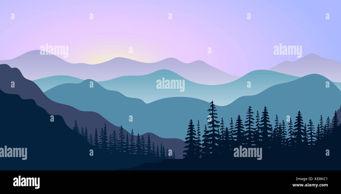 Il paesaggio con le sagome delle montagne e foreste di sunrise. illustrazione vettoriale Illustrazione Vettoriale