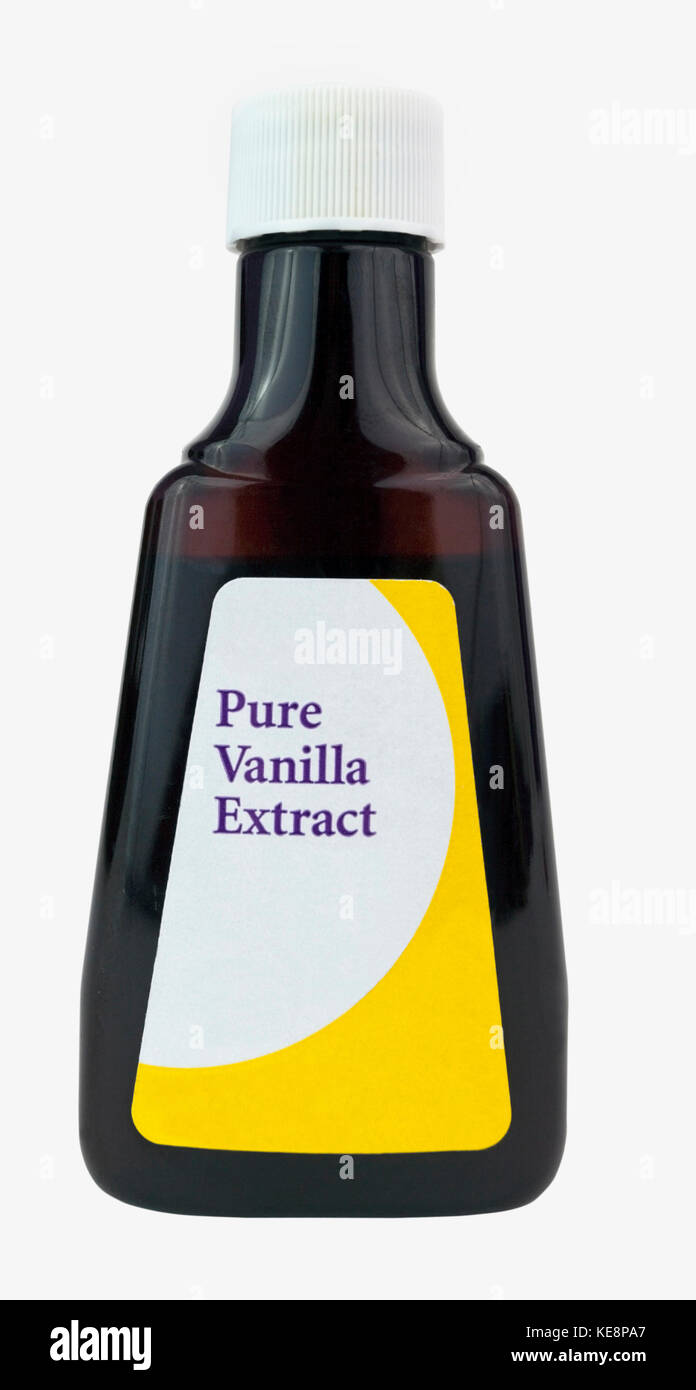 Bottiglia di estratto di vaniglia. isolato. Foto Stock
