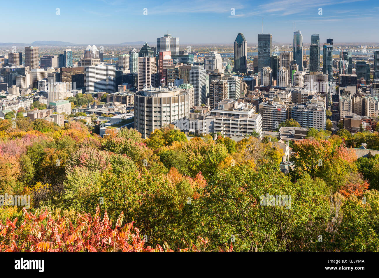 Montreal, Canada - 18 ottobre 2017: Skyline di Montreal con colori autunnali dal Mont Royal Kondiaronk Belvedere Foto Stock